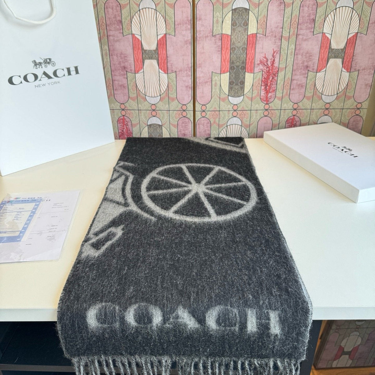 Coach Logo Fringed Wool Scarf